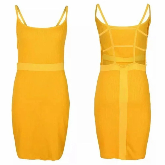 NEW! Yellow Ribbed Bandage Cut Out Strappy Cage Back Bodycon Dress - Picture 7 of 11